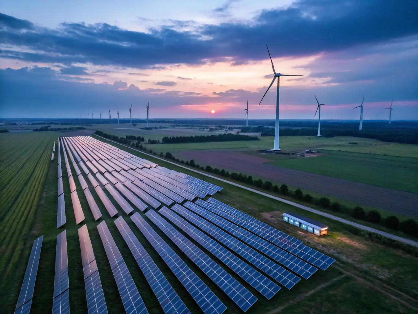 A modern power plant with solar panels and wind turbines in the background, representing the energy industry.
