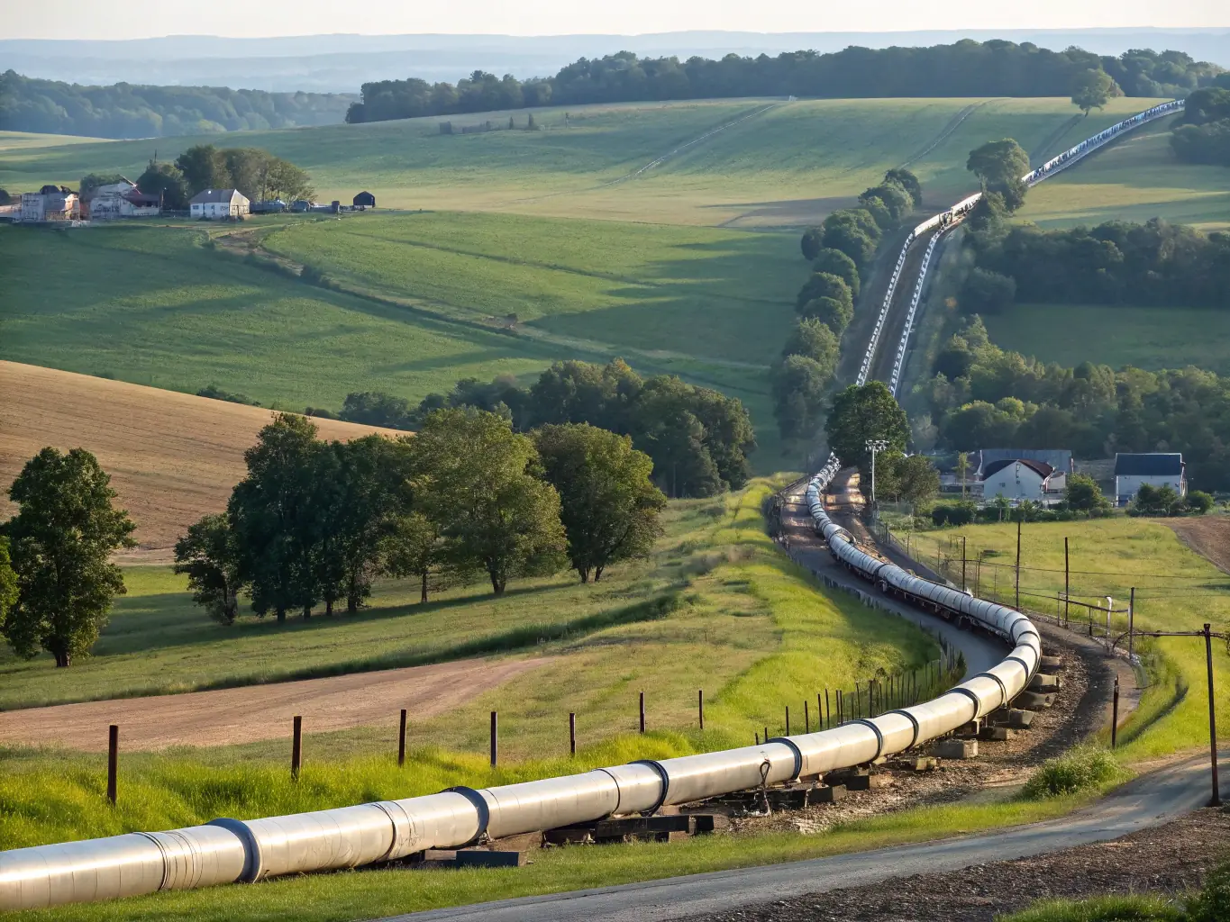 A natural gas pipeline stretching across a rural landscape, symbolizing the gas industry.