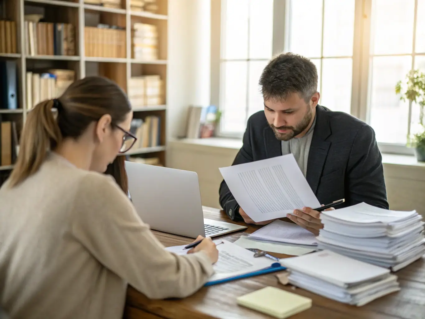 A consultant reviewing regulatory documents and discussing compliance with a client, illustrating regulatory compliance consulting.
