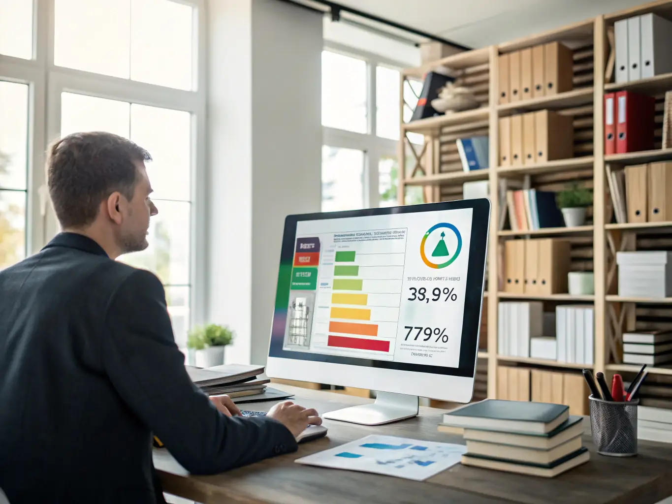 A professional consultant analyzing utility bills and energy consumption data in a modern office setting, representing utility rate analysis.