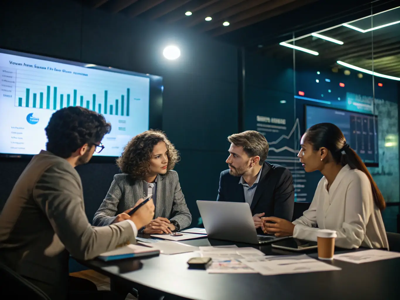 A team of consultants discussing energy efficiency strategies in a boardroom, symbolizing energy cost management.